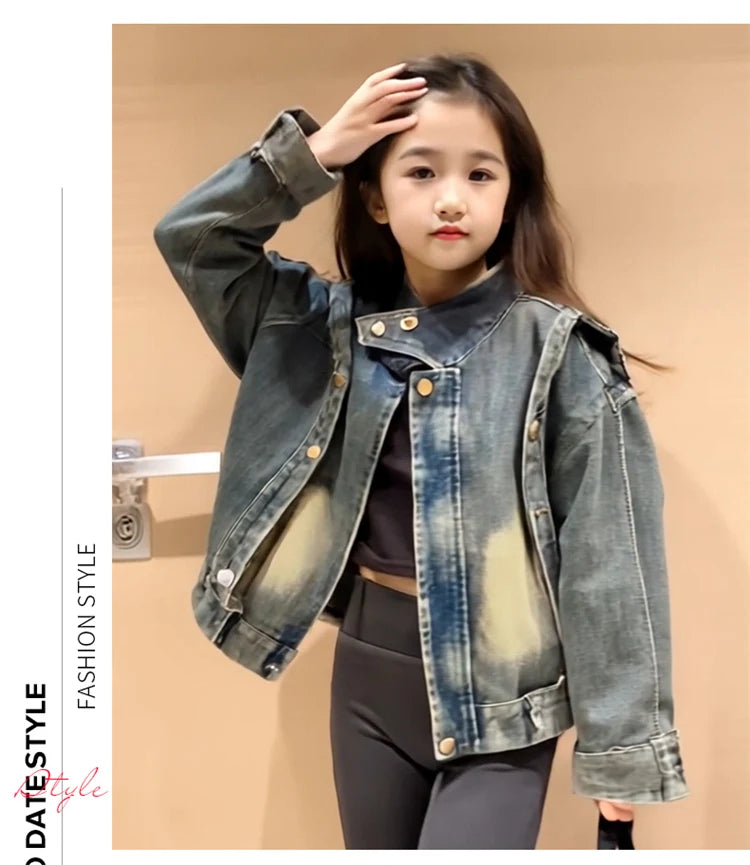 Cowgirl Streetwear Blue Denim Jacket Girl Harajuku Washed Distressed Jacket For Kids Child Gothic Punk Ripped Jeans Coat 5-14 T