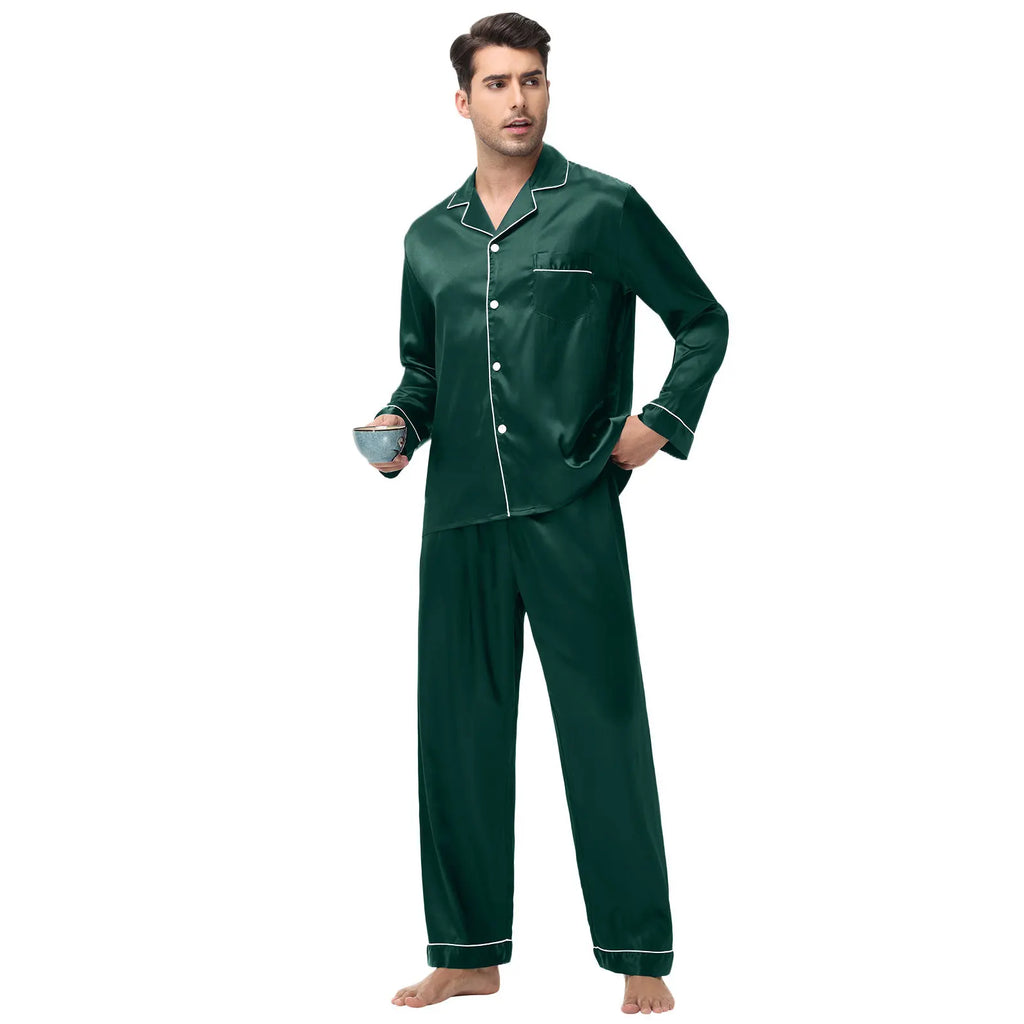 Men Pajamas Set Silk Satin Sleepwear