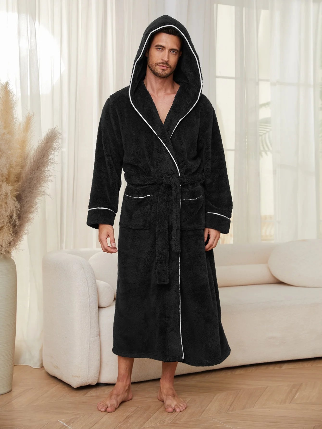 Men's Autumn/Winter New Style Comfortable Cotton Flannel Robe Luxury Open-Front Couples Robe Men's Warm Bathrobe Nightwear