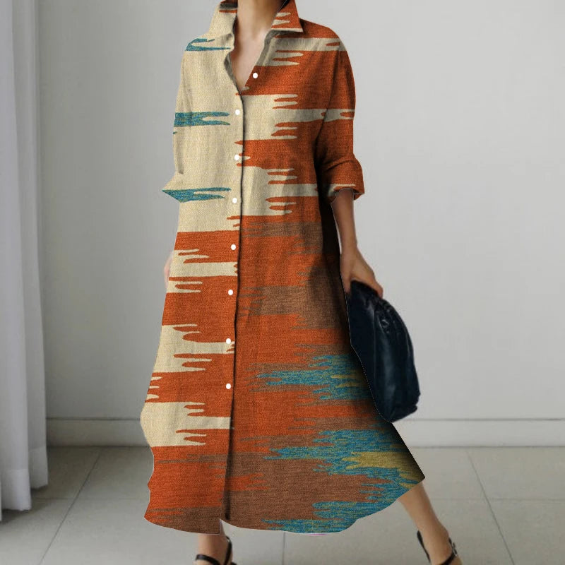 Womens Fashion Retro Splicing Printed Long-sleeved Dresses Fall And Winter Single-breasted Loose Dresses New Lapel Shirt Dresses