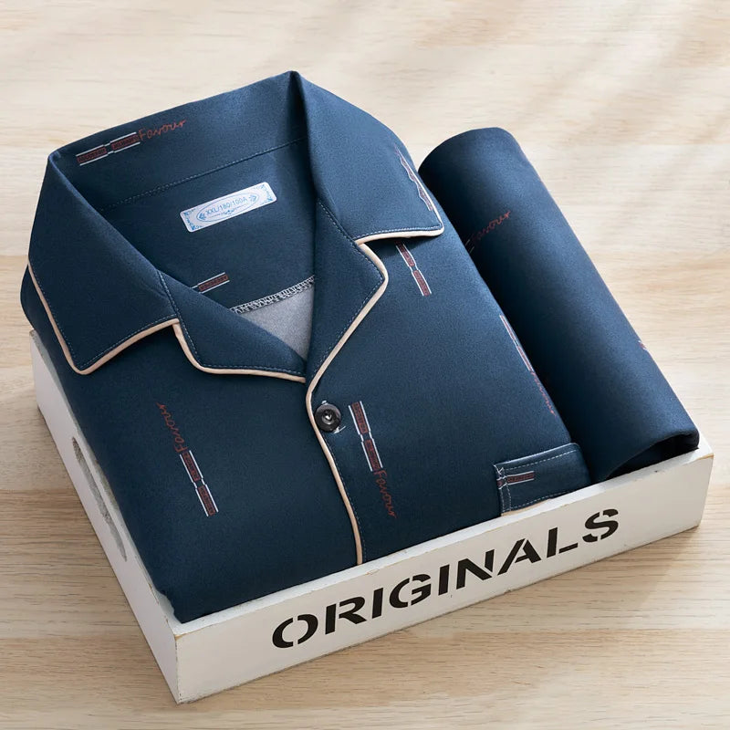 Men's Thin Cotton Pajamas Long Sve Long Pants Two-Piece Set Casual