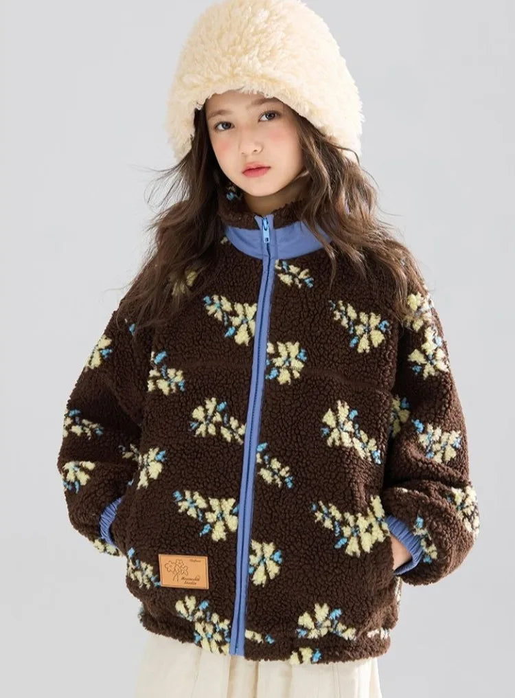 Girl's Winter Coat Floral Jacquard Lamb Fur Thickened Stylish Autumn Winter Toddler Kids Cotton Jacket