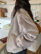 Women Autumn Winter Thicken Warm Coat Stand-Collar Loose Fur Plush Zipper Jacket Soft Comfortable Casual Simple Solid Outerwear