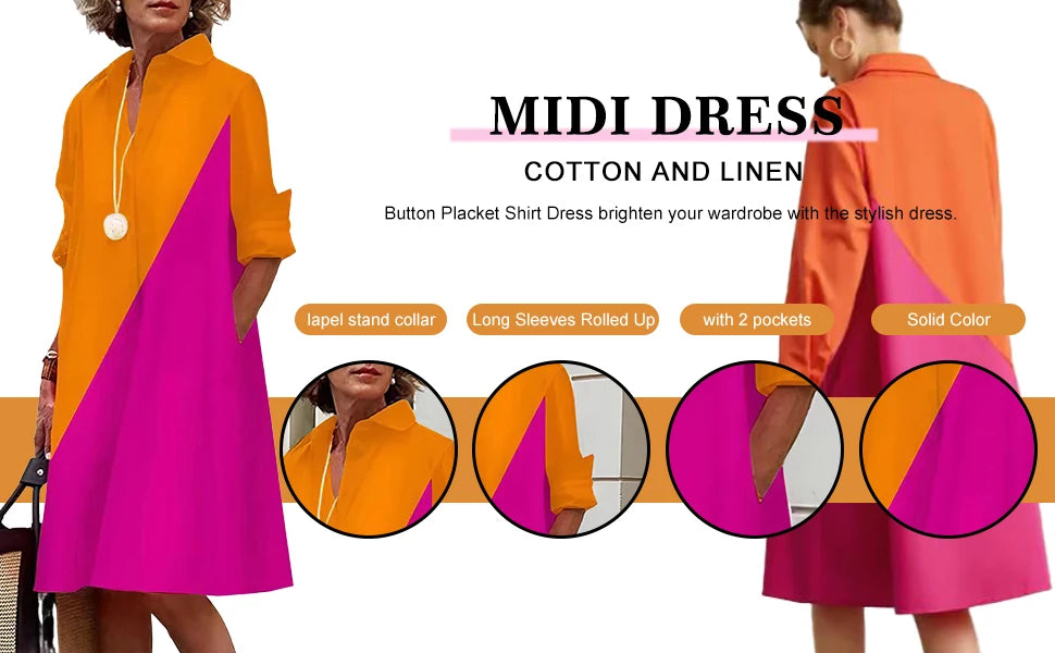 Womens Fashion Retro Splicing Printed Long-sleeved Dresses Fall And Winter Single-breasted Loose Dresses New Lapel Shirt Dresses