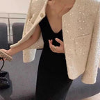 Chic Sequins Sweet Tweed Jacket Women Fall Elegant Long Sleeve Slim Coat Korean Fashion O Neck Design Female All Match New Tops