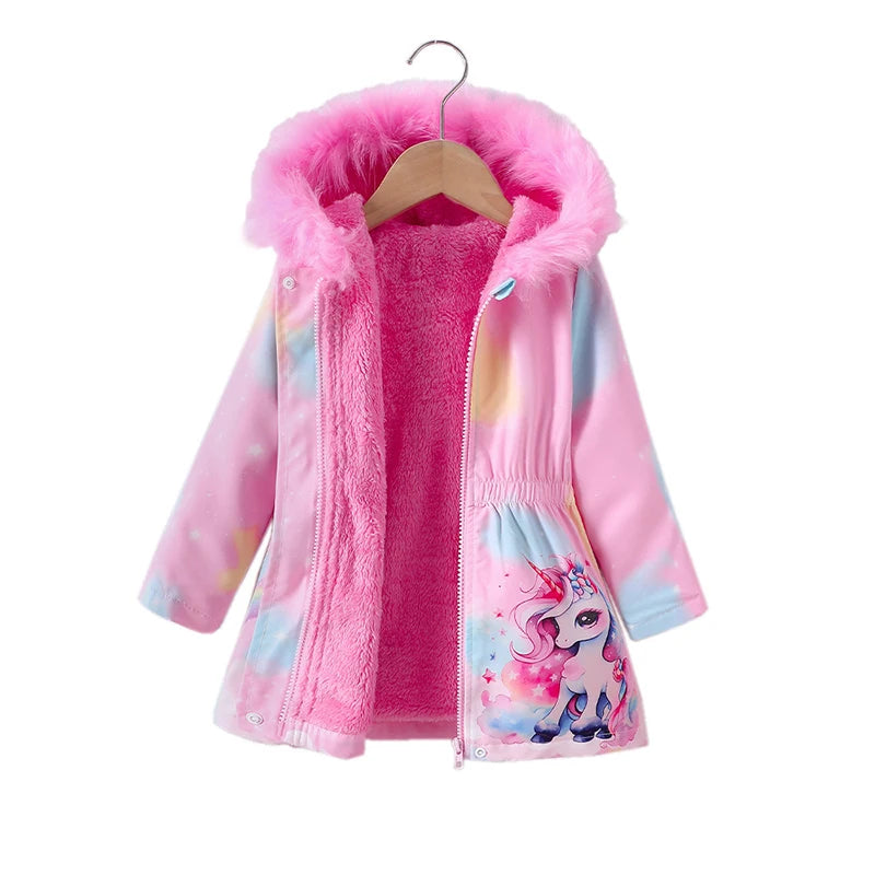 Children's Coat Girls Long Outerwear Winter Autumn Cotton Clothes Girls Pink Unicorn padded Coats Big Thicken Warm Child Jacket