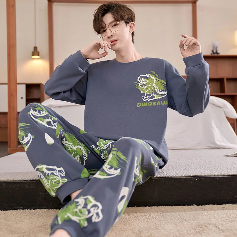 Men's Pajamas Spring Autumn 100% Cotton Youth Pajamas Student Suits Fashionable Sweet Cartoon Home Clothes For Men