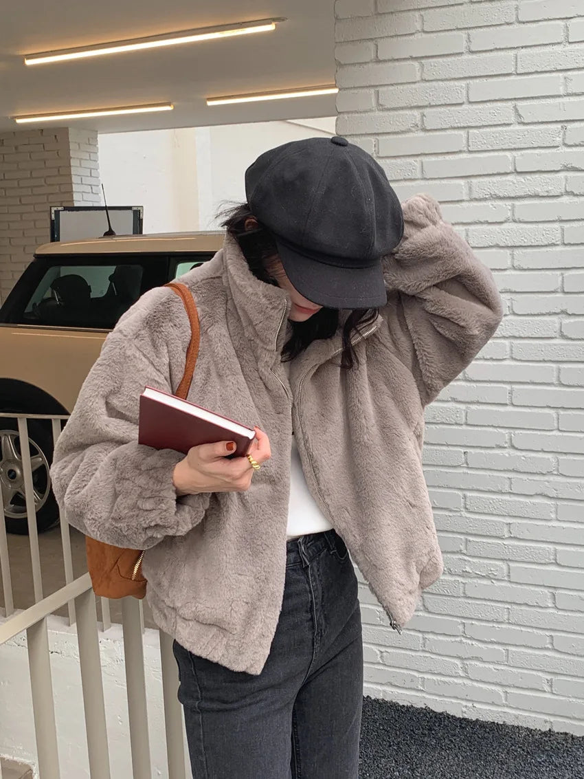 Women Autumn Winter Thicken Warm Coat Stand-Collar Loose Fur Plush Zipper Jacket Soft Comfortable Casual Simple Solid Outerwear