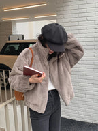 Women Autumn Winter Thicken Warm Coat Stand-Collar Loose Fur Plush Zipper Jacket Soft Comfortable Casual Simple Solid Outerwear