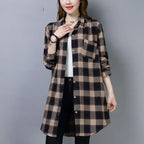 Women's Plaid Shirt Mid-Length Loose Fit Korean Casual Plus Size Long Sleeve Autumn Tops