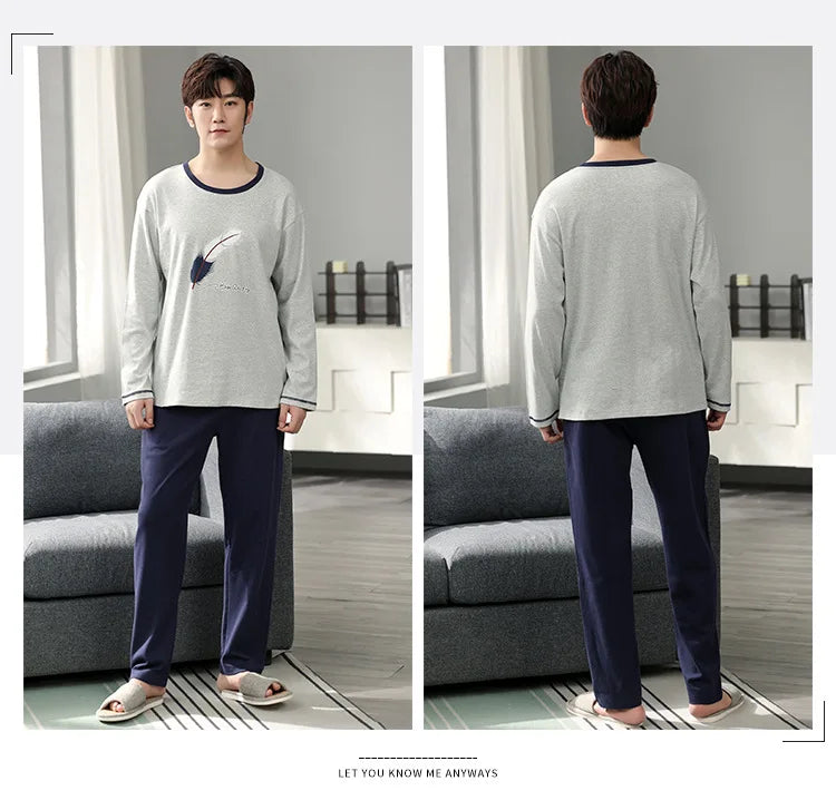 Fashion Lounge Pajamas Sets Men's Spring New Long-sleeved Tops with Trousers Cotton Homewear Comfort Simple Sleepwear Two Pieces