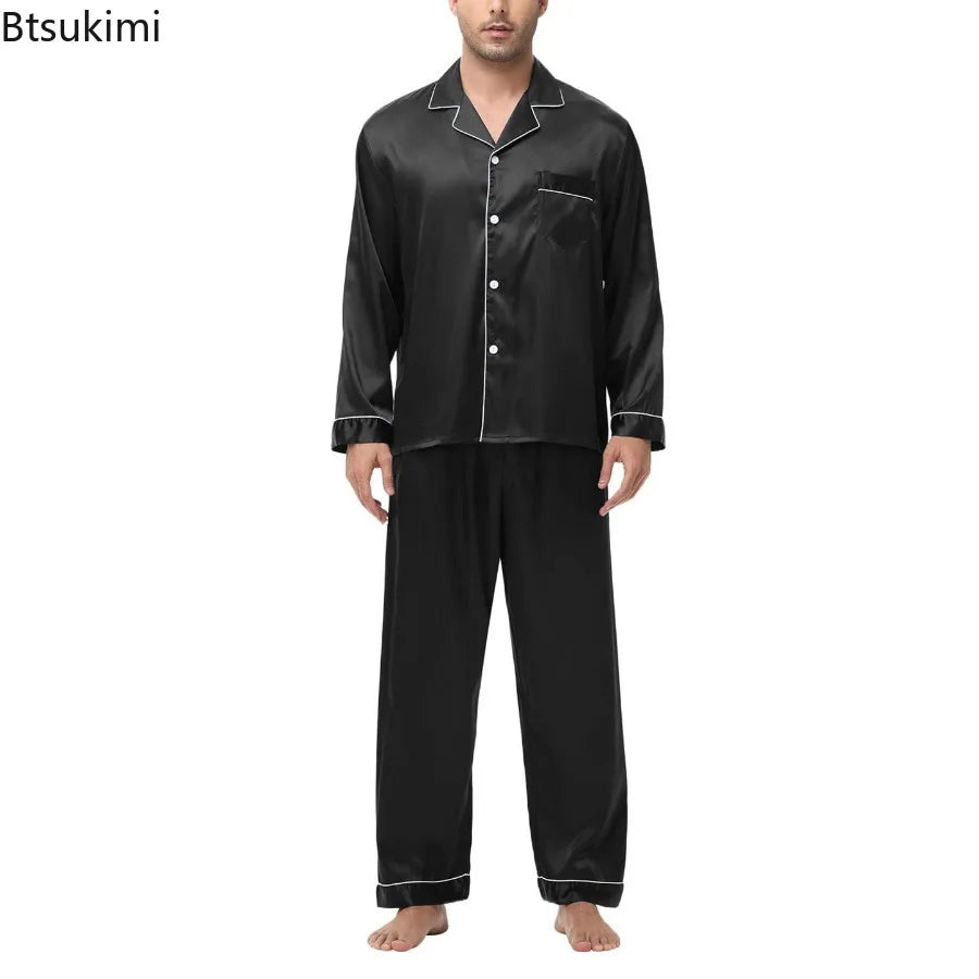 Men Pajamas Set Silk Satin Sleepwear