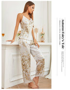 Women Pajamas Sexy Print Cherry Suspender Pijamas Suit Sleepwear Spring Summer Silk Rayon Home Clothes Sling Pants Two Piece Set