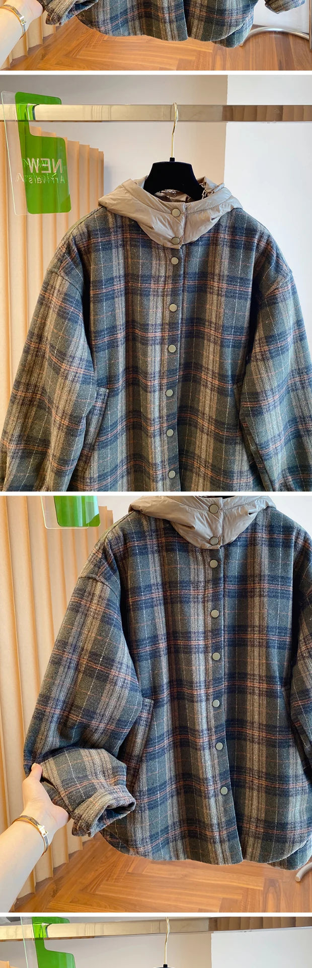 Winter Thiened Plaid Cotton Coat Women's Loose Korean Sle Hooded Jaet Long Sve Commute Faion Regular Length Single...