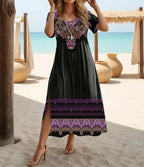 Ethnic Bohemian floral print casual vacation short-sleeved large-size dress