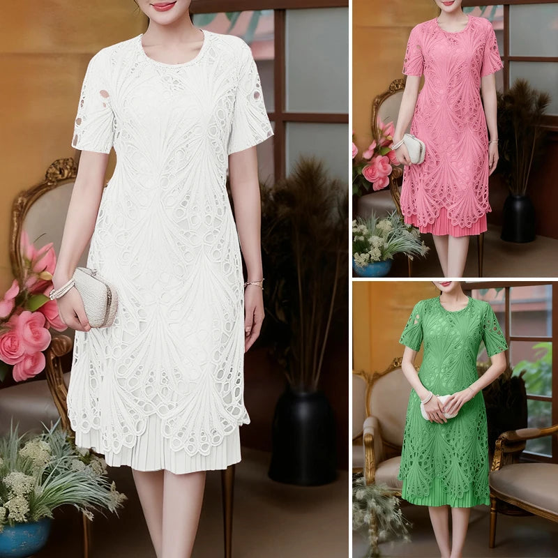 Stylish Women Desses ZANZEA 2025 Summer Lace Patchwork Dress Elegant Party Work Sundress Short Sleeve Pleated Vestidos Midi Robe