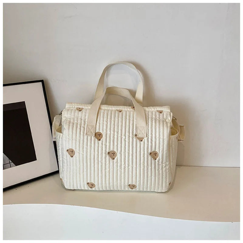 New High-capacity Mummy Bag Embroidered Bear Mother and Baby Handbag Baby Bottle Diaper Portable Baby Stroller Bag