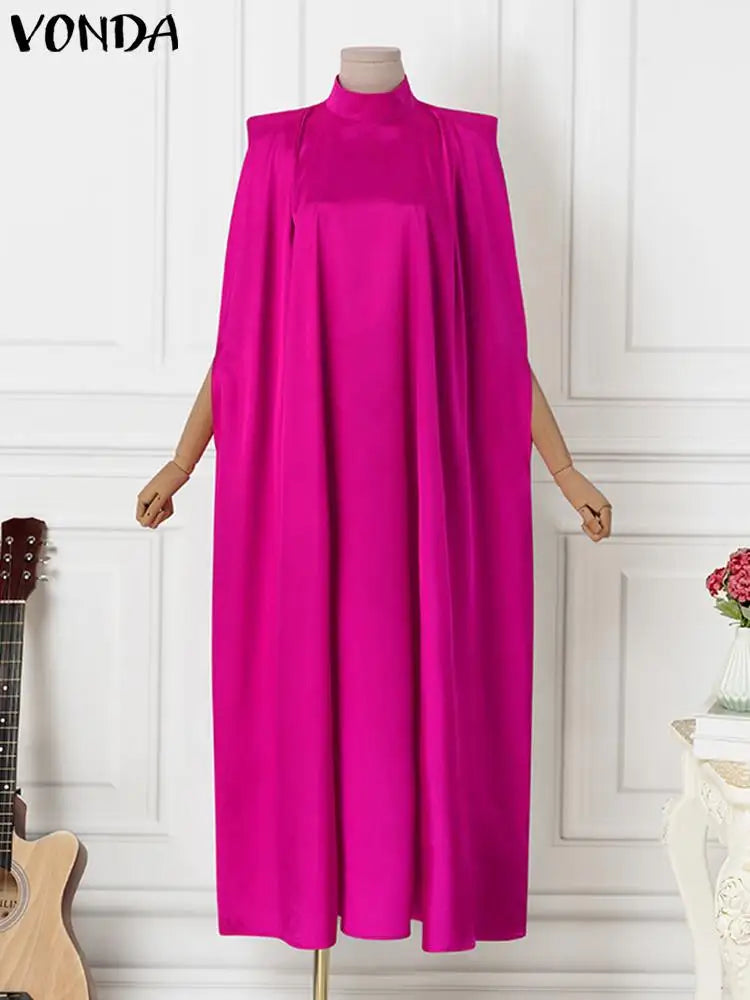 Elegant Evening Dress VONDA Women Pleated Stand Collar Long Sleeve Satin Party Sundress Autumn Casual Solid Loose Robe Vestidos
