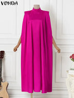 Elegant Evening Dress VONDA Women Pleated Stand Collar Long Sleeve Satin Party Sundress Autumn Casual Solid Loose Robe Vestidos