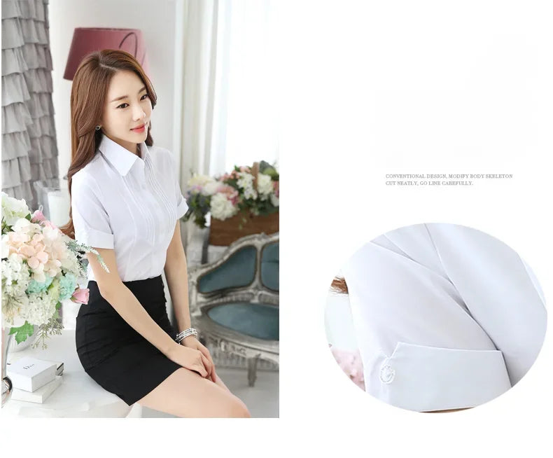 White Shirt Women Short Sleeve Blouse                                                                                             Working Clothes 2024 Summer Sweet Womens Tops Button Up Shirts OL Elegant Female Clothing