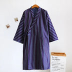 Blue Red Striped Printed Robe for Men 100% Cotton Kimono Men Bathrobe for Spring Autumn 100% Cotton Long Style Men Kimono Robe