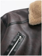 Womens Short Jacket With Leather And Plush Patchwork Belted Waist Zipper Pockets Retro Cool Commuter Jacket Woman Clothes Tops