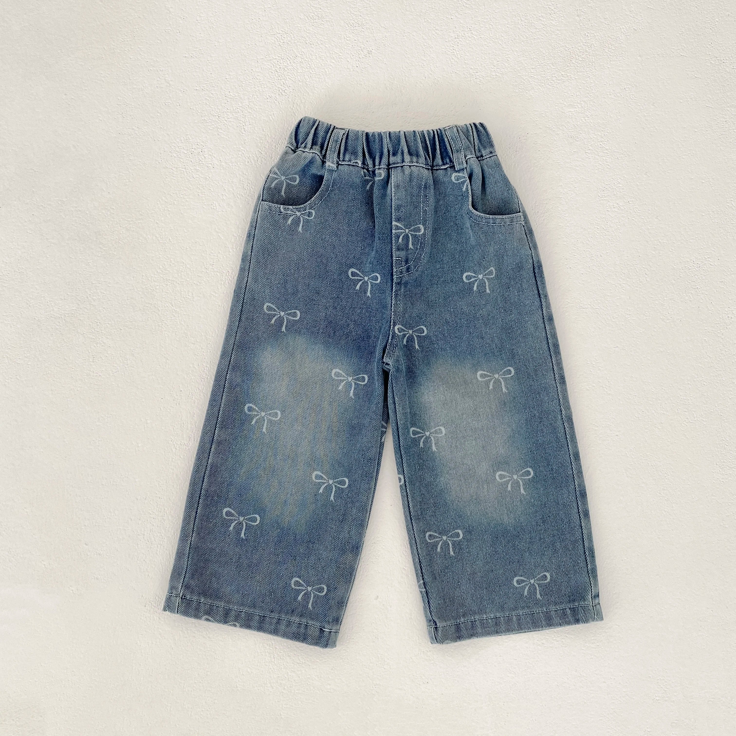 New autumn clothing for babies aged 0-3, with bow printed denim pants for baby girls, fashionable