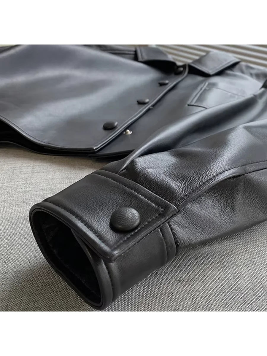 Nerazzurri Spring Autumn Brown Short Soft Pu Leather Jacket Women Long Sleeve Pocket Loose Casual Korean Fashion Clothing 2025