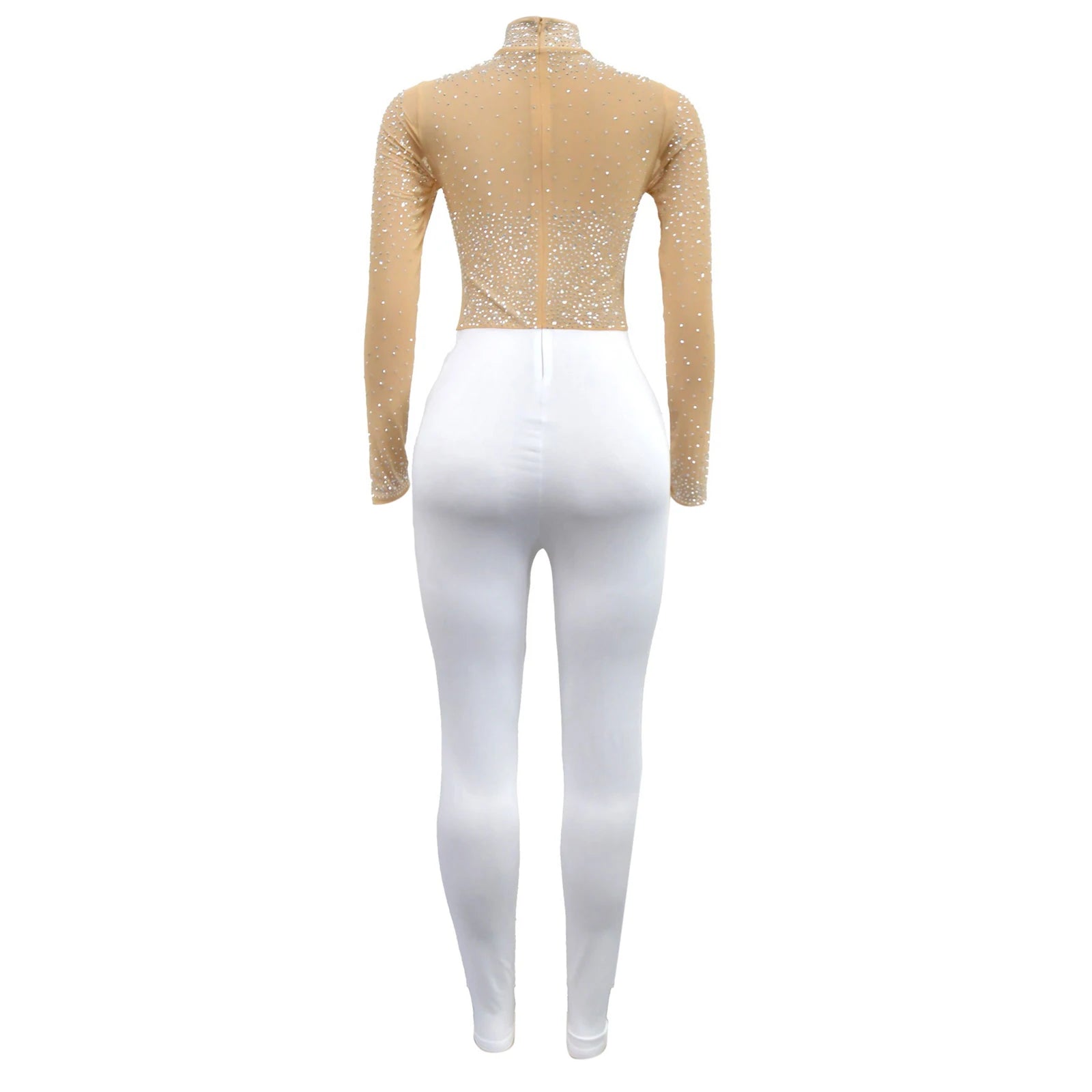 Women's Glittery Rhinestones Gymnastics Jumpsuit Sheer Mesh Patchwork Mock Neck Long Sleeve Dance Rompers One-piece Bodysuit