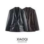 Fall 2025 New Women's Loose Straight Leather Effect Suit Jaet Faionable Long Sve PU Leather ort Outerwear