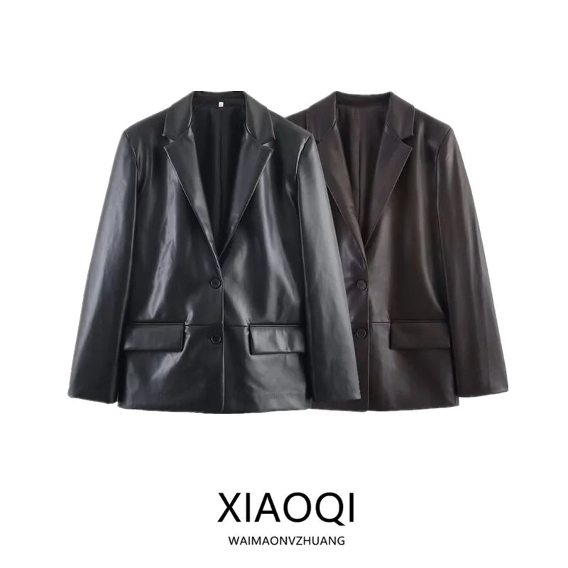 Fall 2025 New Women's Loose Straight Leather Effect Suit Jaet Faionable Long Sve PU Leather ort Outerwear
