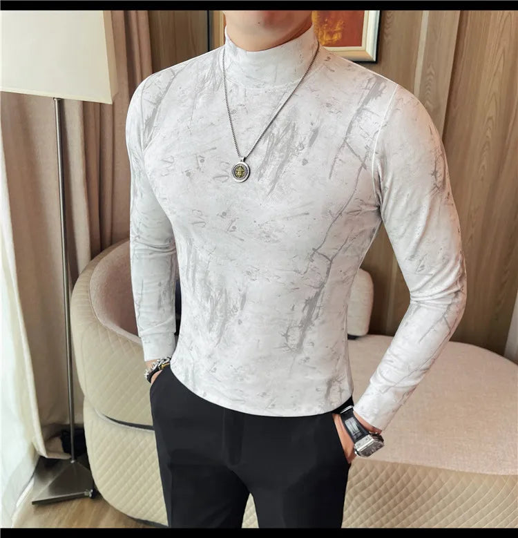 Men Tie-Dye Long-Sleeve T-Shirt | Half-High Collar Base Layer Trendy Versatile Casual Wear 95% Cotton Breathable  Sweat-wicking