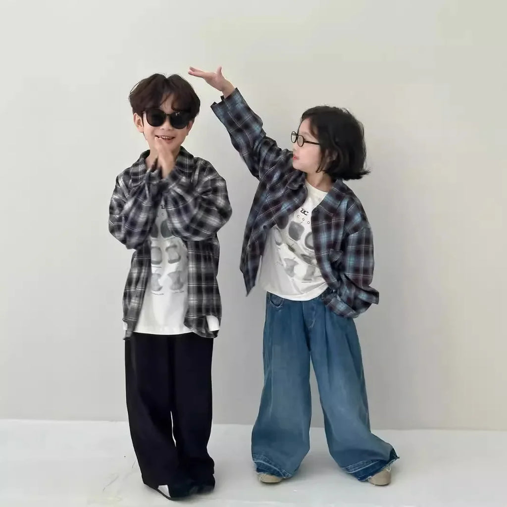 Children's Shirt 2024 Autumn Boys and Girls Korean Version Velvet Plaid Shirt Children's Casual Versatile Loose Long Sleeve Top