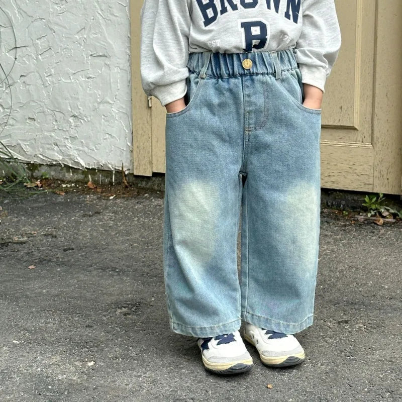 Children Wide Leg Jeans Spring Autumn Boy and Girl Elastic Waist Straight Leg Denim Pants Kids Casual Versatile Trousers A40056