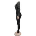Women's Glittery Rhinestones Gymnastics Jumpsuit Sheer Mesh Patchwork Mock Neck Long Sleeve Dance Rompers One-piece Bodysuit