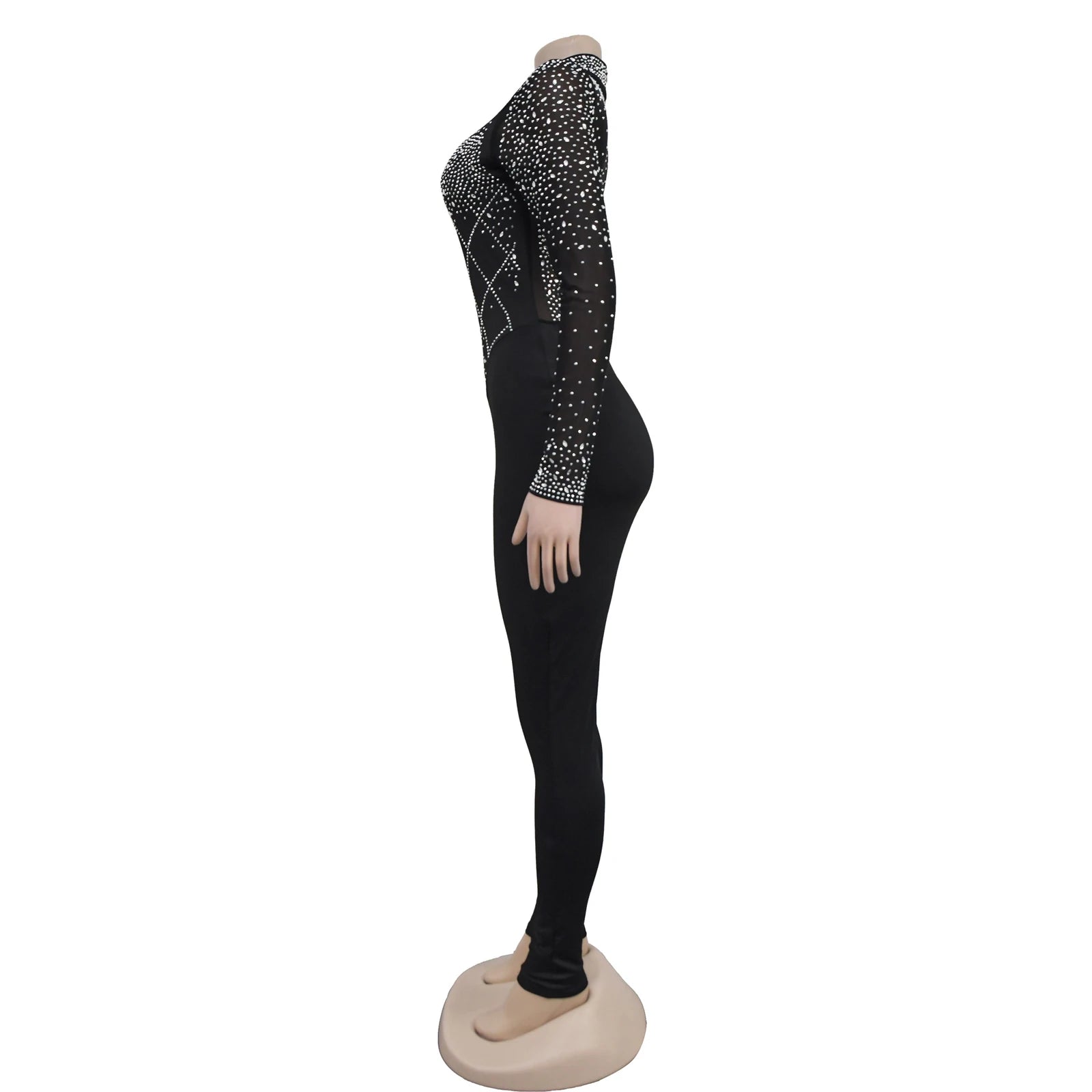 Women's Glittery Rhinestones Gymnastics Jumpsuit Sheer Mesh Patchwork Mock Neck Long Sleeve Dance Rompers One-piece Bodysuit