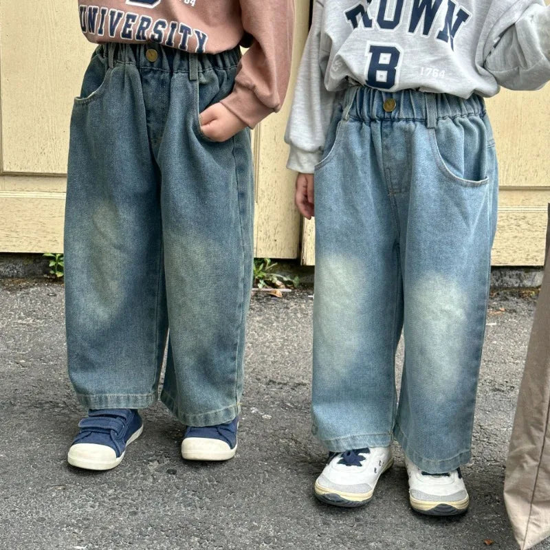 Children Wide Leg Jeans Spring Autumn Boy and Girl Elastic Waist Straight Leg Denim Pants Kids Casual Versatile Trousers A40056