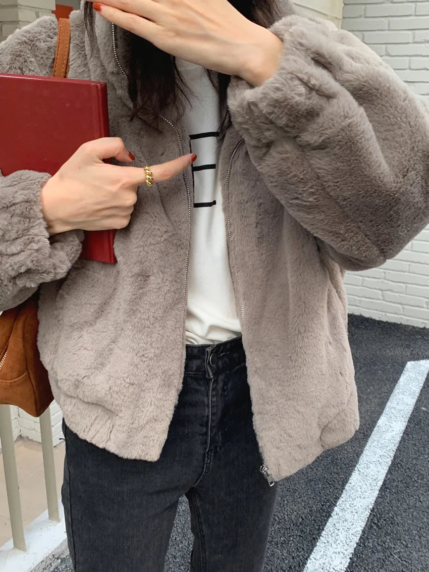 Women Autumn Winter Thicken Warm Coat Stand-Collar Loose Fur Plush Zipper Jacket Soft Comfortable Casual Simple Solid Outerwear