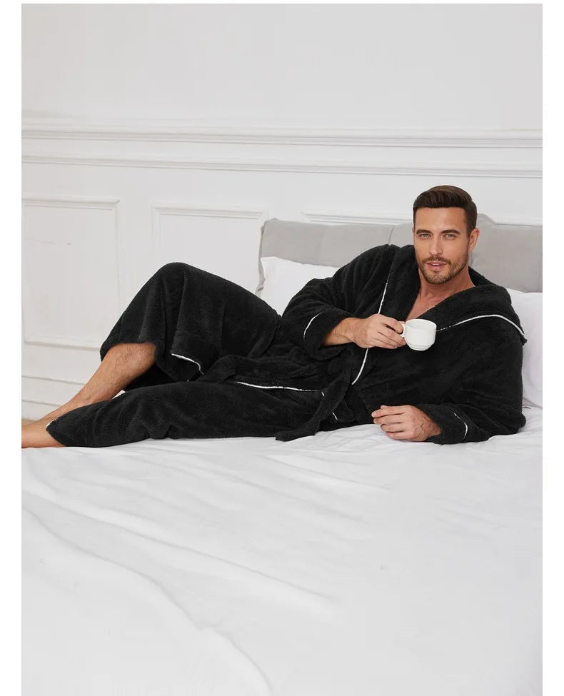 Men's Autumn/Winter New Style Comfortable Cotton Flannel Robe Luxury Open-Front Couples Robe Men's Warm Bathrobe Nightwear