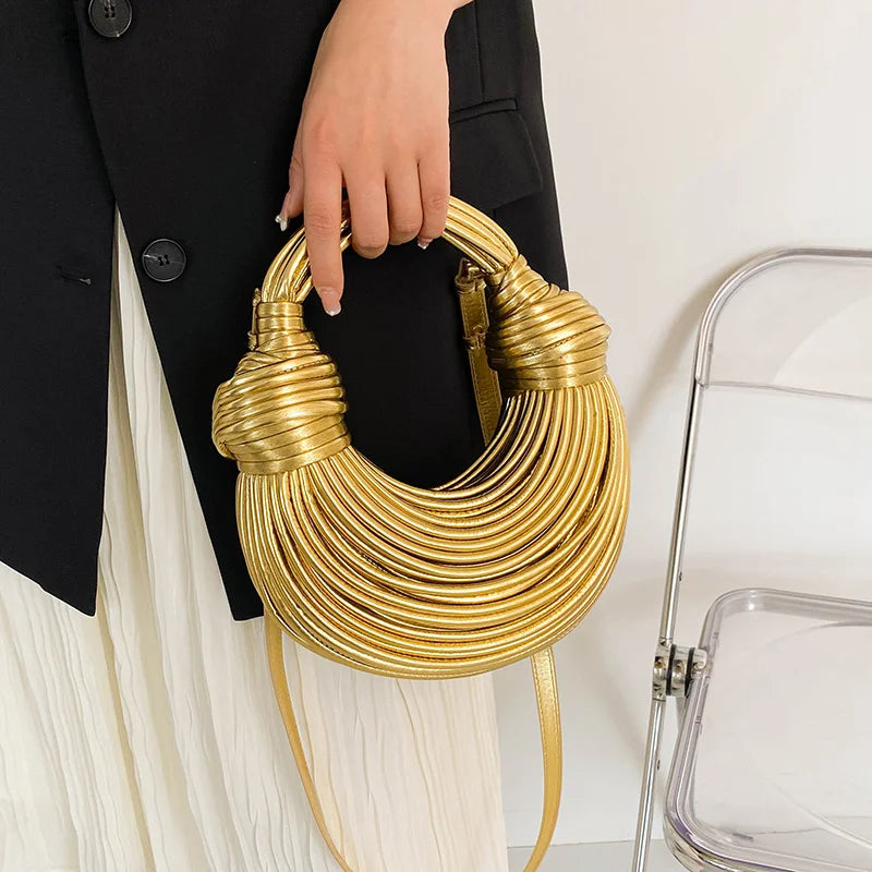 Women 2025 New Gold Luxury Designer Brand Handwoven Noodle Bags Rope Knotted Pulled Hobo Silver Evening Clutch Chic