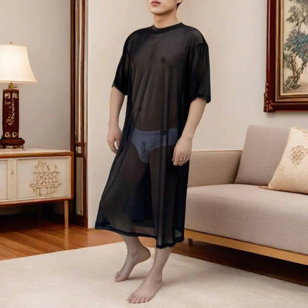 Men's Solid Color Mesh Transparent Short-Sleeved Robe Sexy Retro Fashion Trend Loose Casual Breathable Summer New Men's Tops