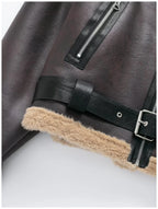 Womens Short Jacket With Leather And Plush Patchwork Belted Waist Zipper Pockets Retro Cool Commuter Jacket Woman Clothes Tops