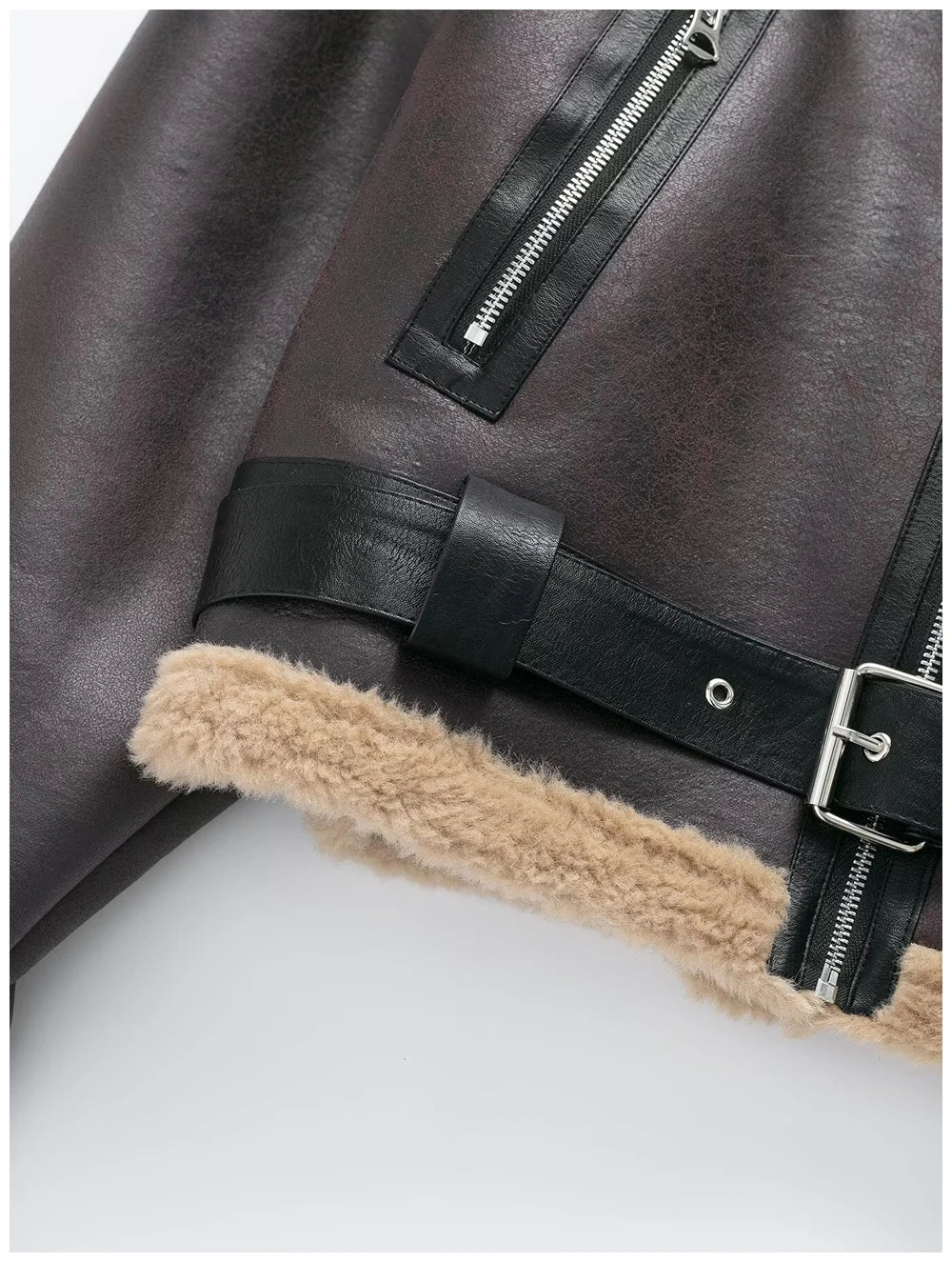 Womens Short Jacket With Leather And Plush Patchwork Belted Waist Zipper Pockets Retro Cool Commuter Jacket Woman Clothes Tops