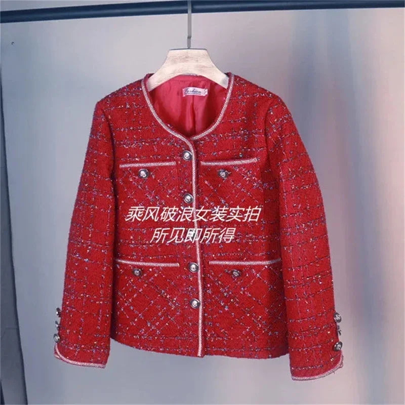 2025 Autumn/Winter New French Vintage Loose and Versatile Show Thin Temperament Woolen Jacket Fem Vintage Red Tweed Coat Women's