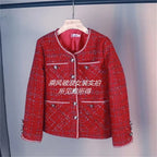 2025 Autumn/Winter New French Vintage Loose and Versatile Show Thin Temperament Woolen Jacket Fem Vintage Red Tweed Coat Women's