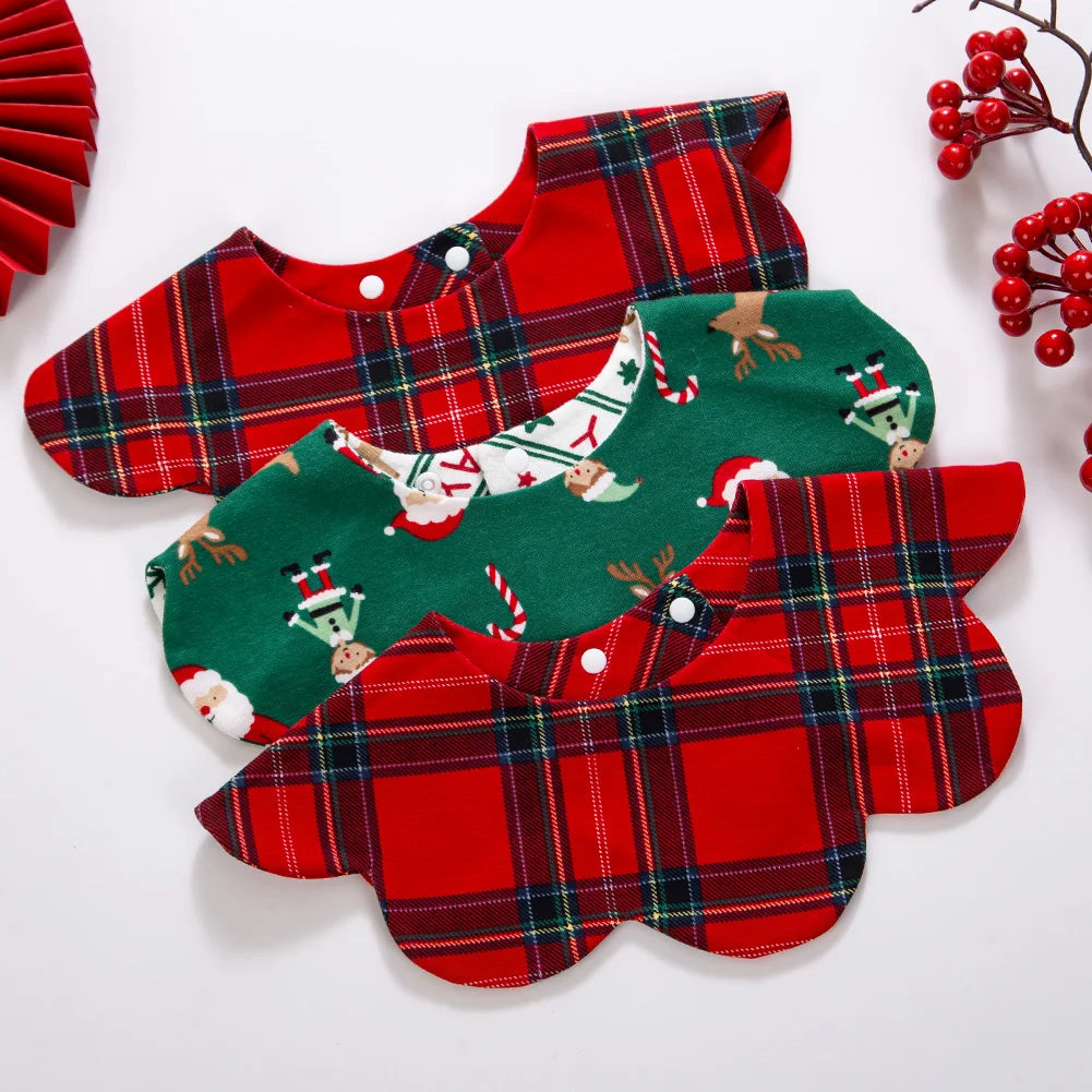 360° Christmas Day Baby Bibs for Infant Boys Girls Plaid Saliva Towel Cute Korea Ins O Neck Adjustable Button Feeding Burp Cloth