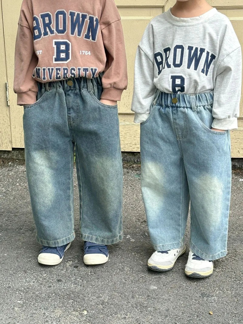 Children Wide Leg Jeans Spring Autumn Boy and Girl Elastic Waist Straight Leg Denim Pants Kids Casual Versatile Trousers A40056