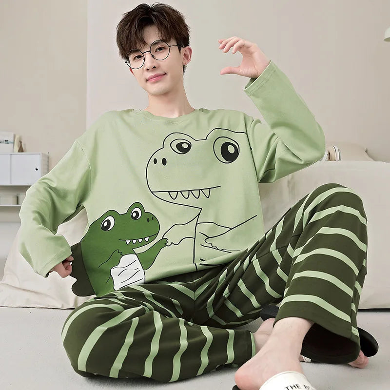 Men's Pajamas Spring Autumn 100% Cotton Youth Pajamas Student Suits Fashionable Sweet Cartoon Home Clothes For Men