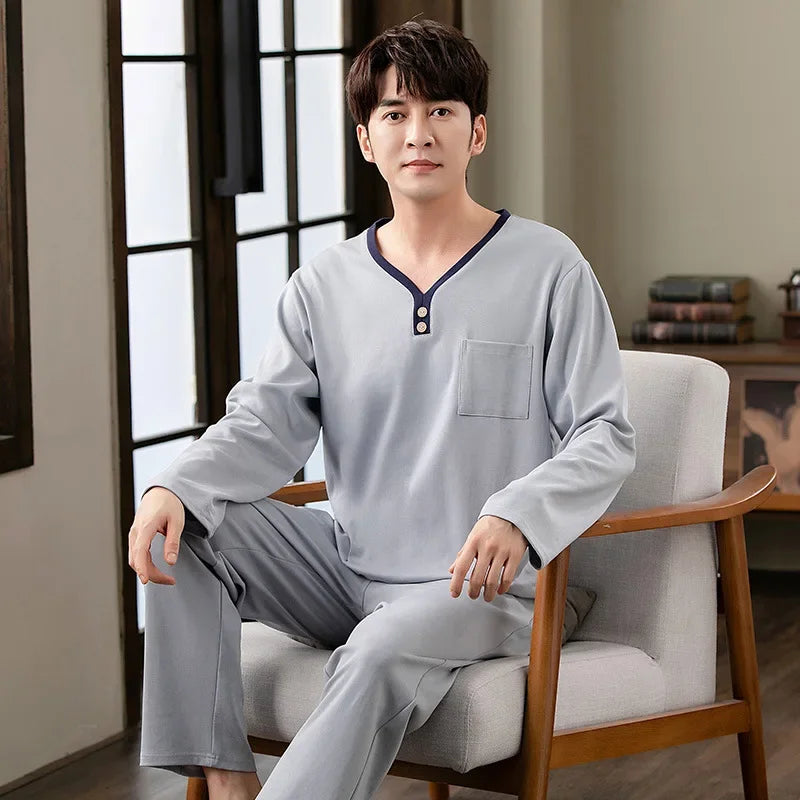 Fashion Lounge Pajamas Sets Men's Spring New Long-sleeved Tops with Trousers Cotton Homewear Comfort Simple Sleepwear Two Pieces