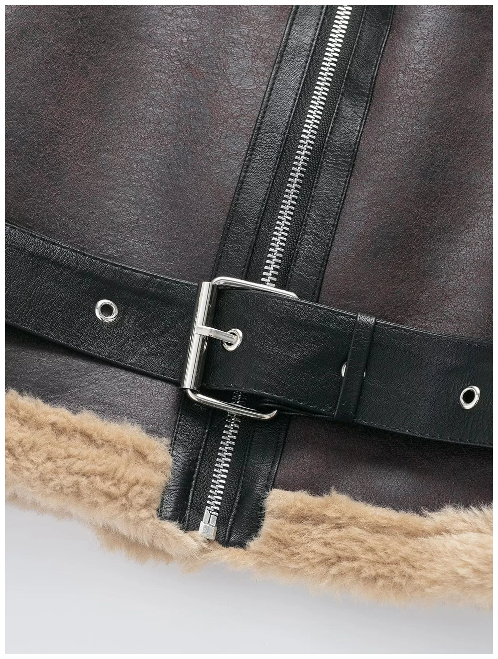 Womens Short Jacket With Leather And Plush Patchwork Belted Waist Zipper Pockets Retro Cool Commuter Jacket Woman Clothes Tops